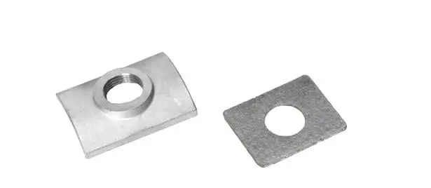 Metal nut and washer on white background.