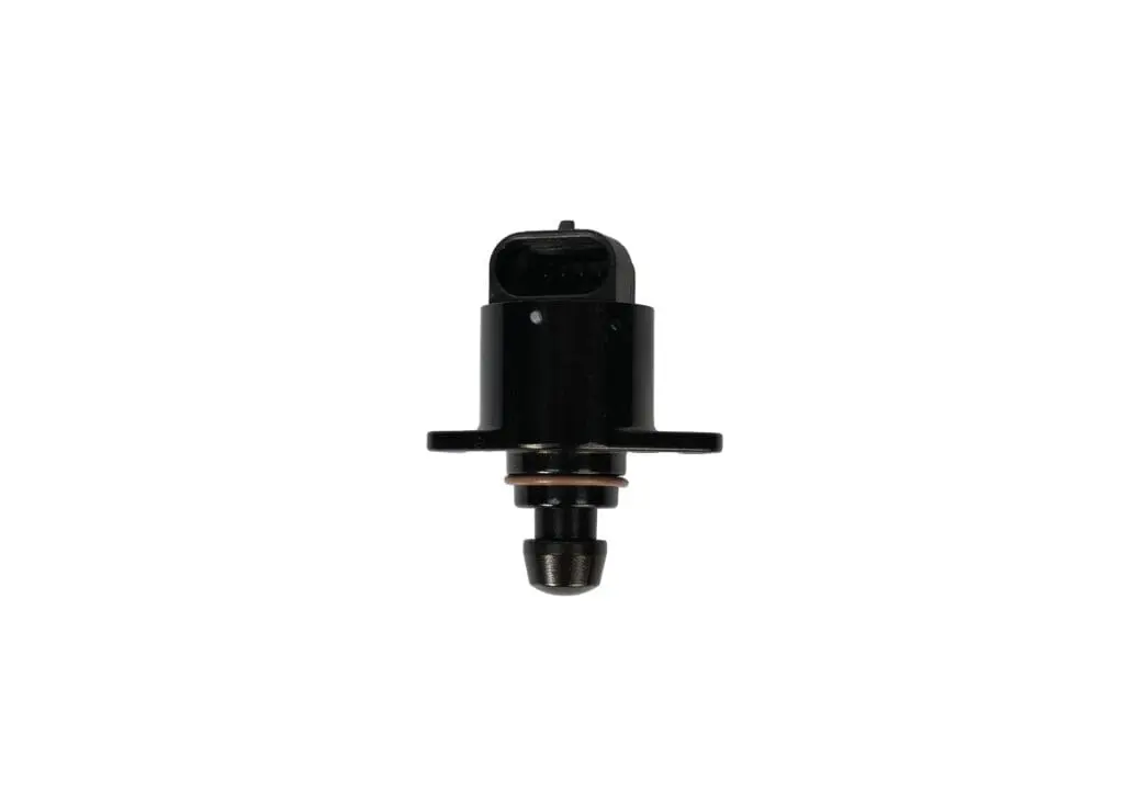 Black automotive sensor with mounting flange and connector.