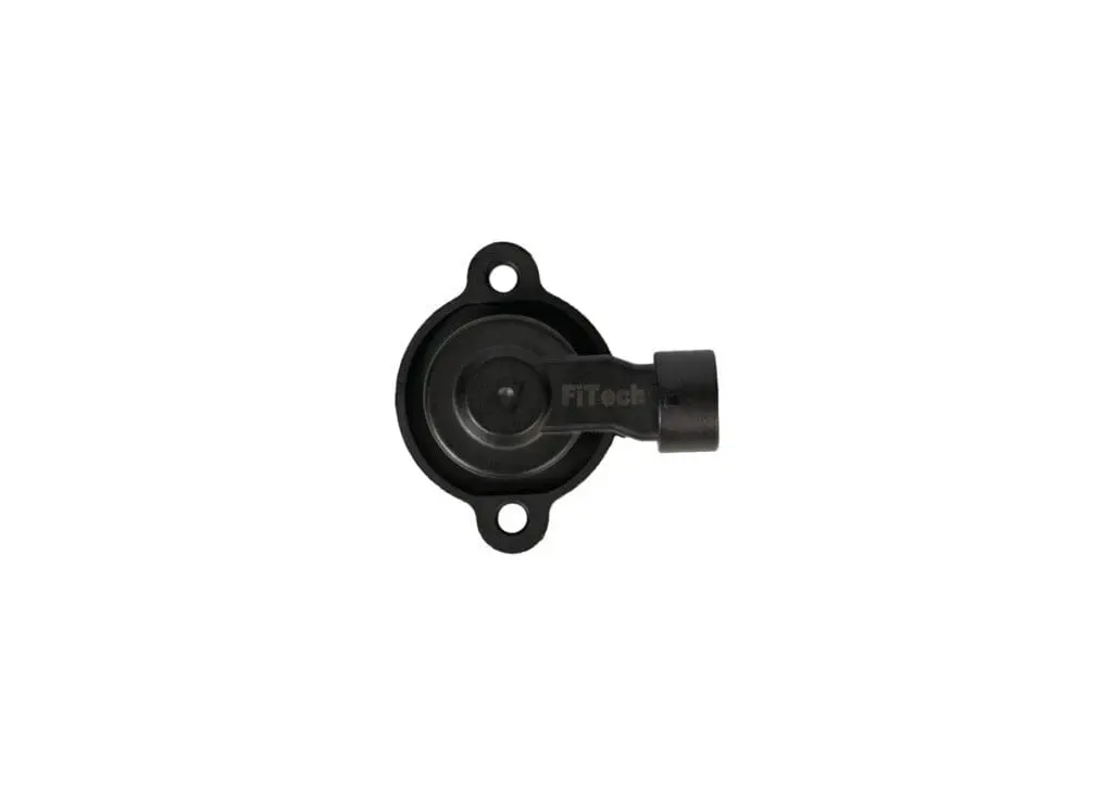 Black automotive sensor component with connector port and mounting holes.