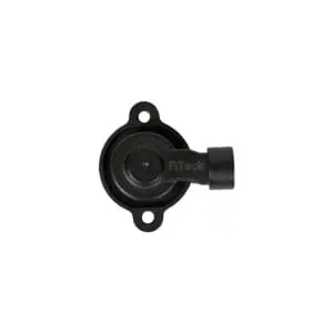Black automotive sensor component with connector port and mounting holes.