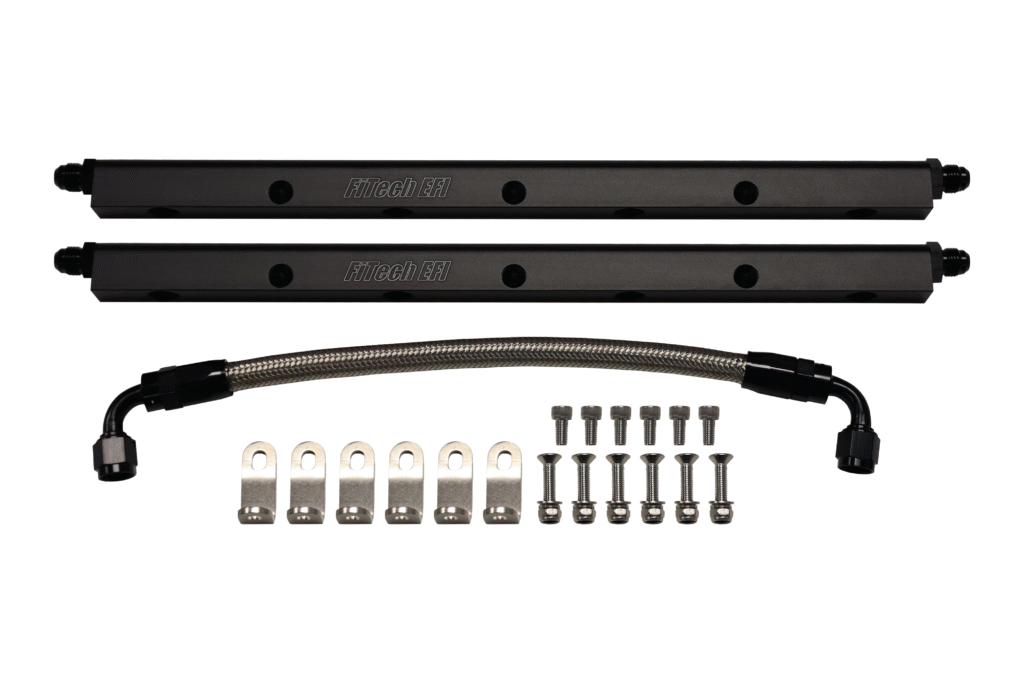 Black metal mounting rails with screws and brackets.