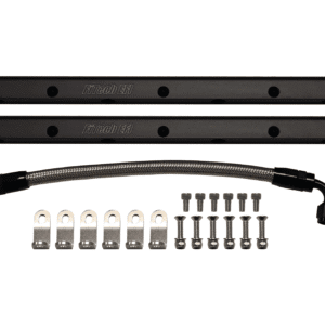 Black metal mounting rails with screws and brackets.
