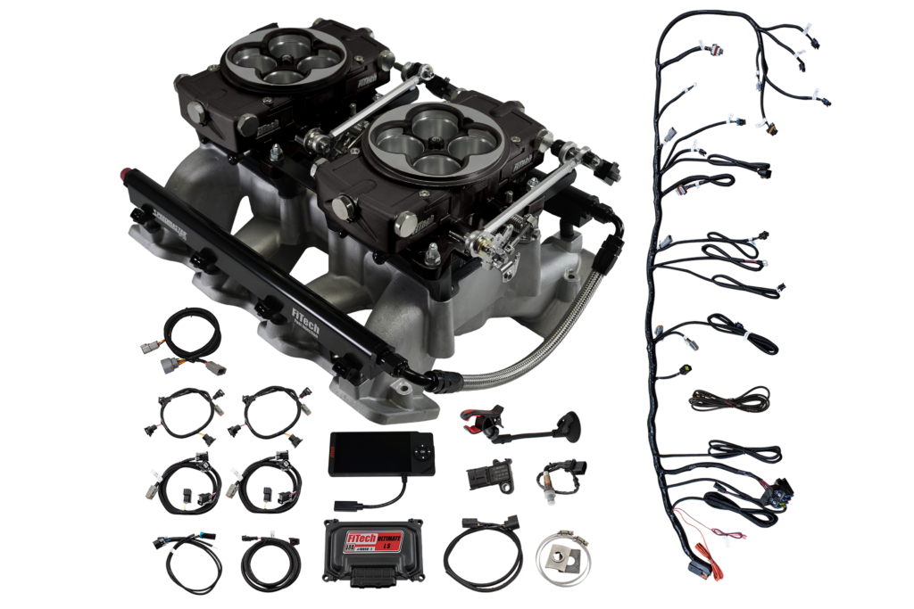 Throttle body and wiring kit components displayed.