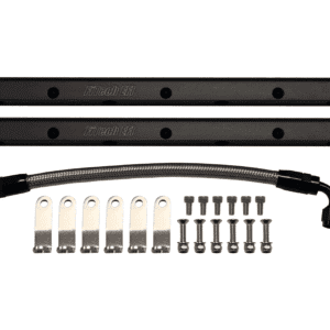 A set of black metal bars with mounting brackets and screws.