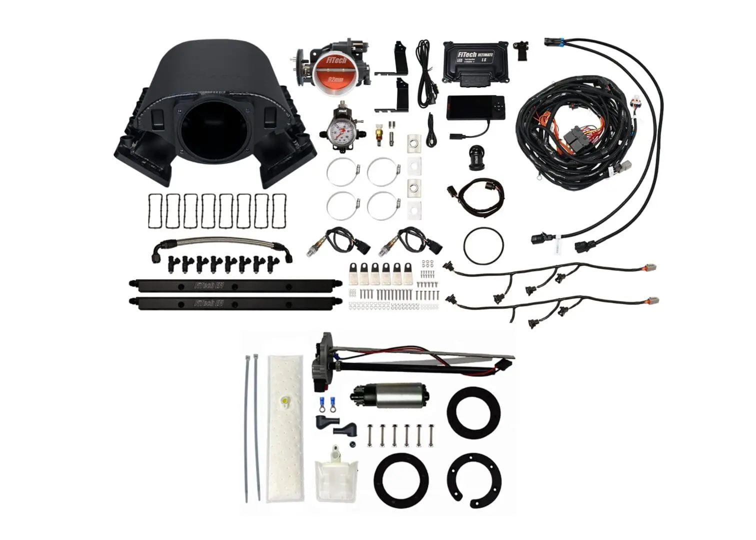 Car engine turbocharger kit components laid out.