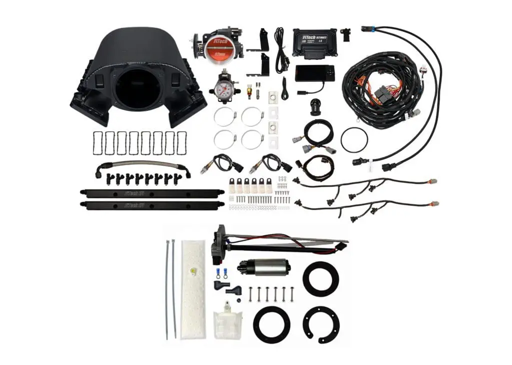 Car turbocharger kit with various components.