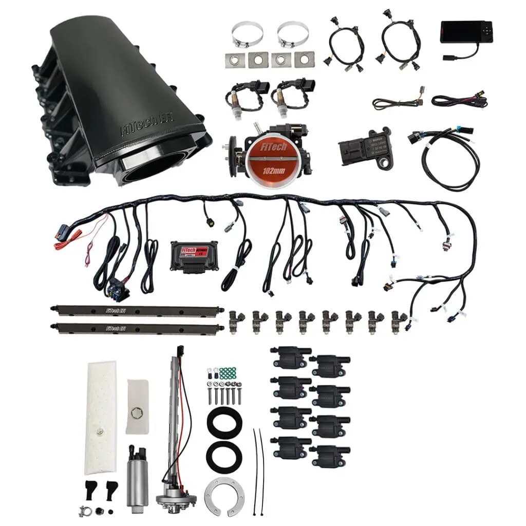 Car engine parts and wiring components set.
