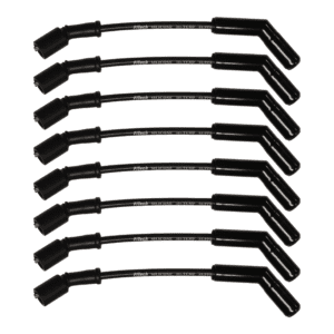 Eight black ignition cables aligned horizontally.