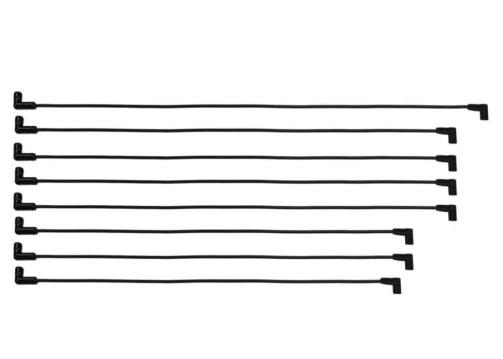 Eight black right-angle cables aligned horizontally.