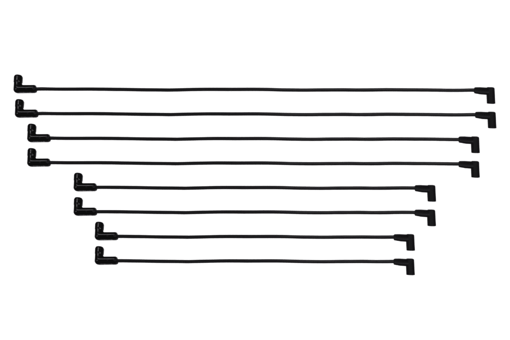 Nine black L-shaped cables aligned horizontally.