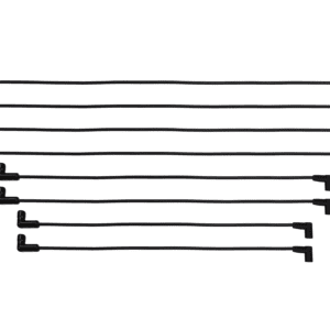Eight black right-angle guitar cables arranged parallel.