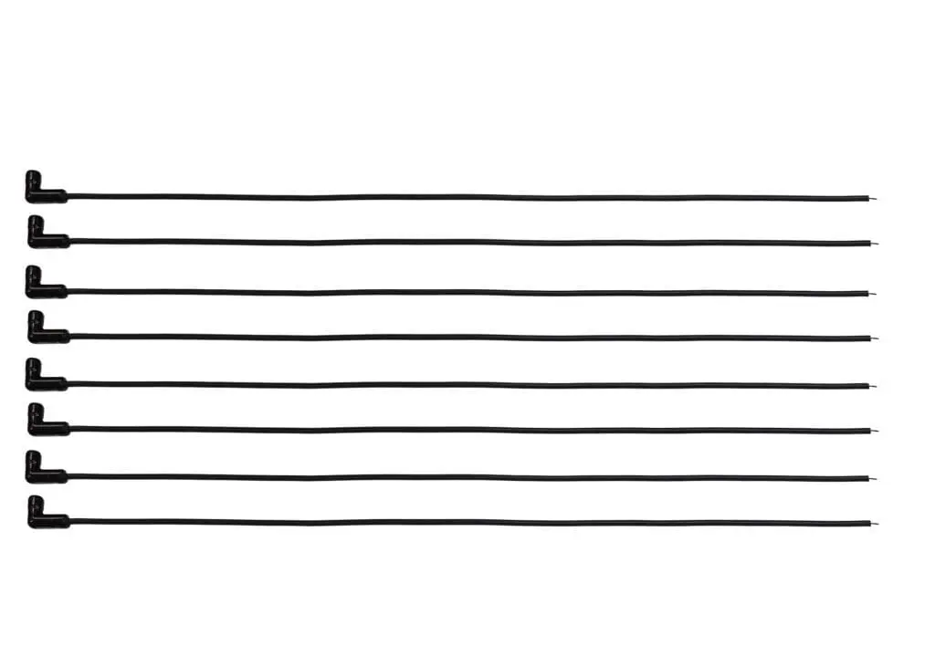 Eight black right-angle cables in a row.