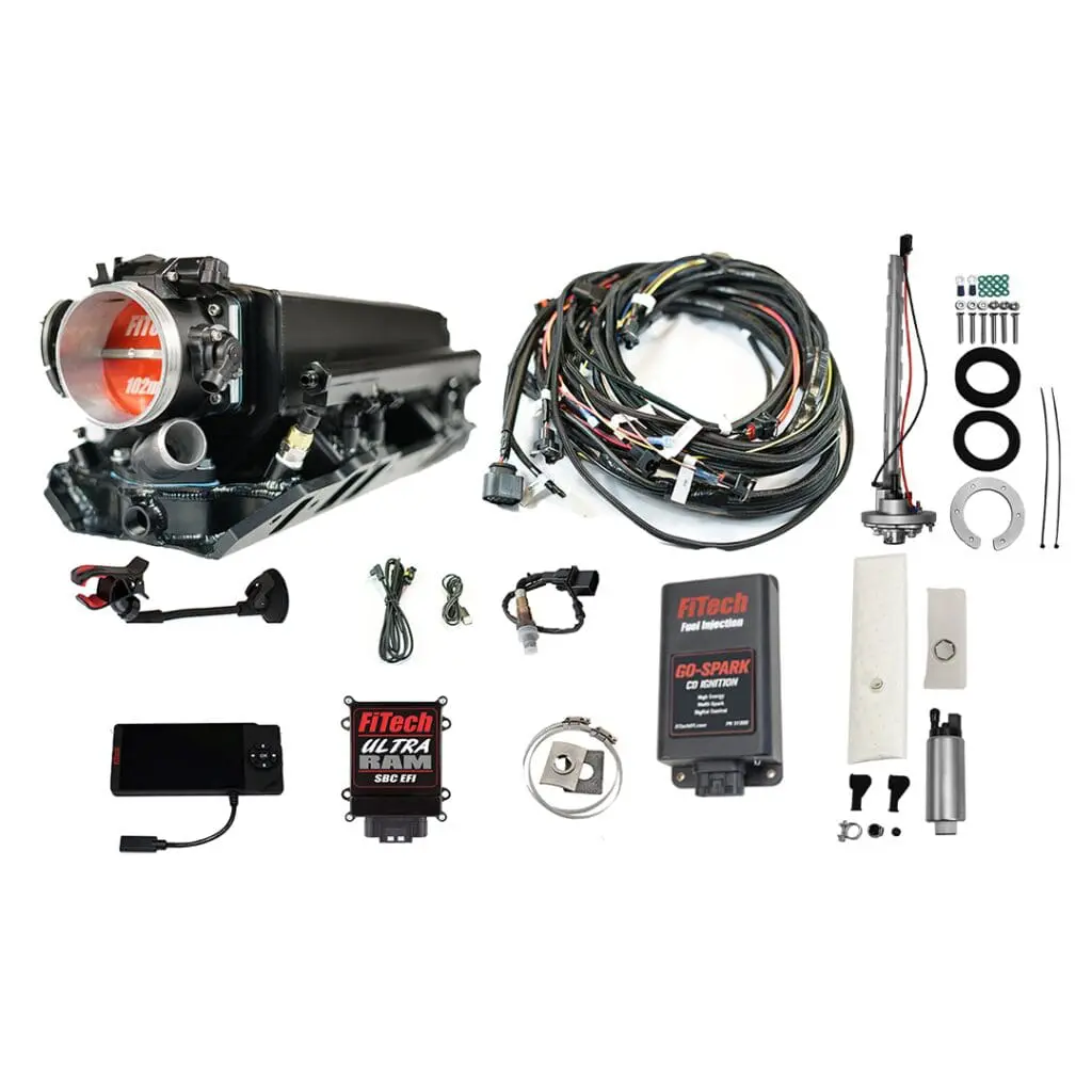 Electronic fuel injection system components laid out.