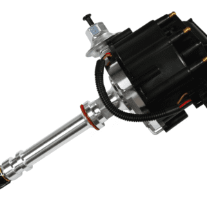 Car engine distributor with black cap.