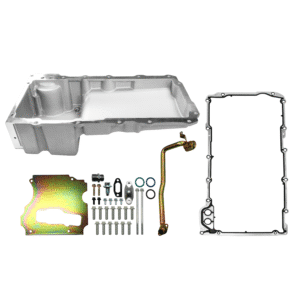 Complete oil pan gasket kit with oil pan and hardware.