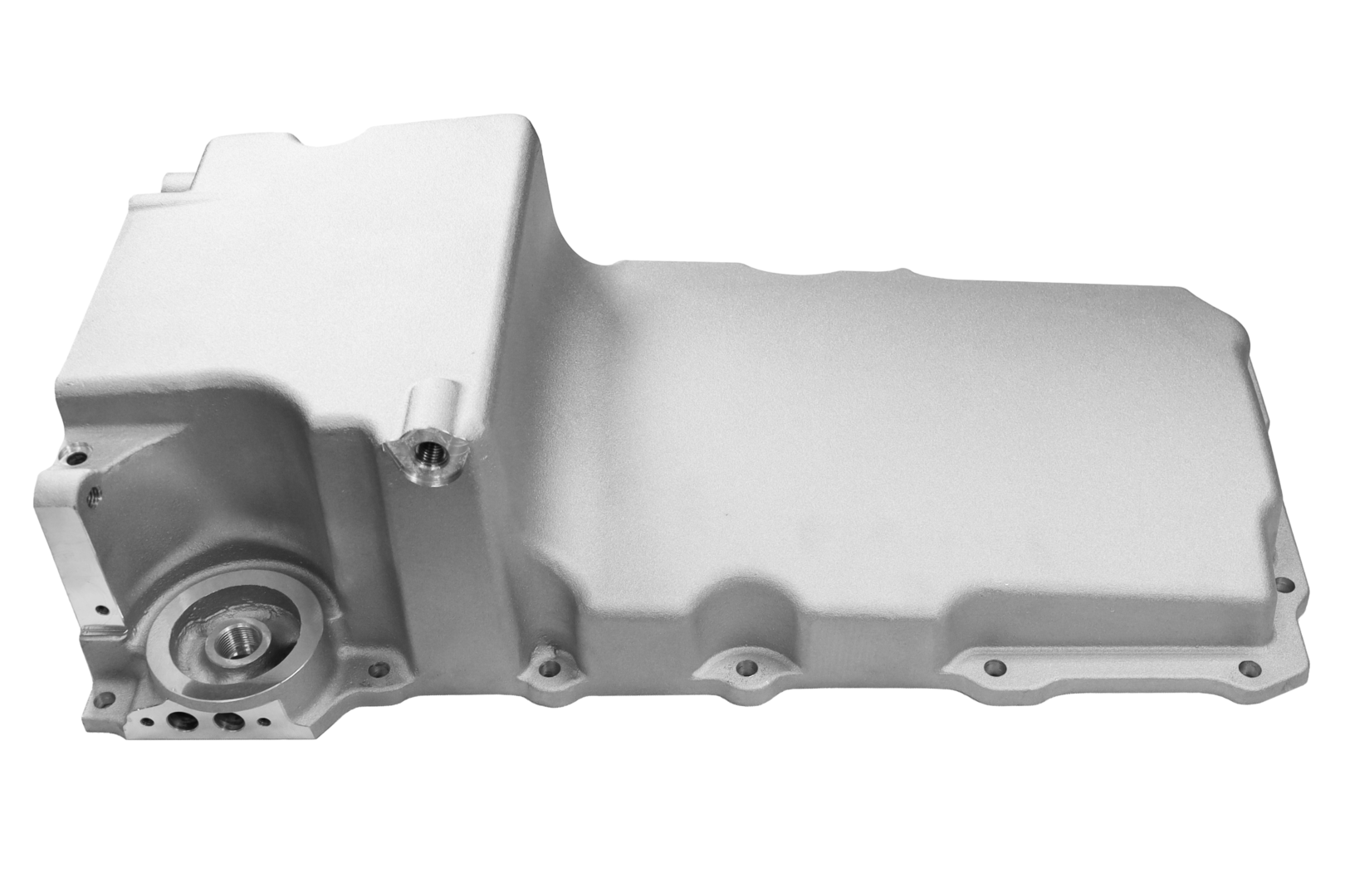 Engine oil pan, metallic, isolated on white.