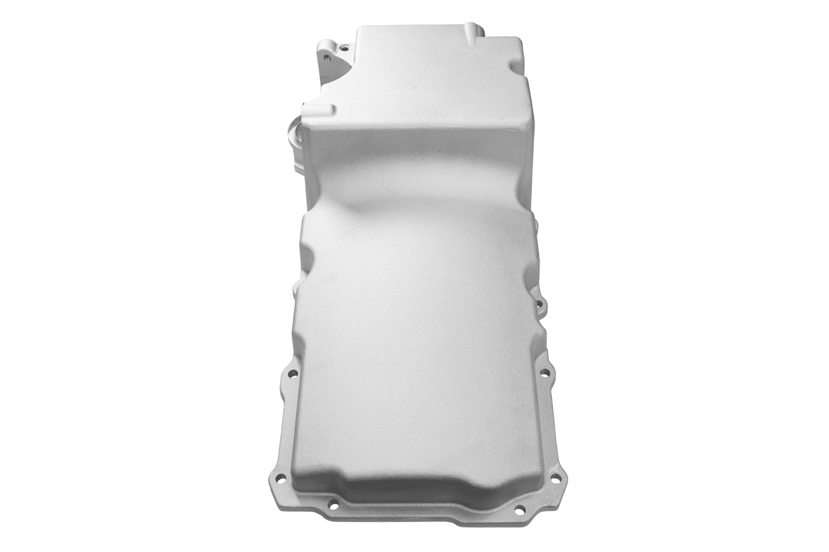 Silver automotive oil pan on white background.