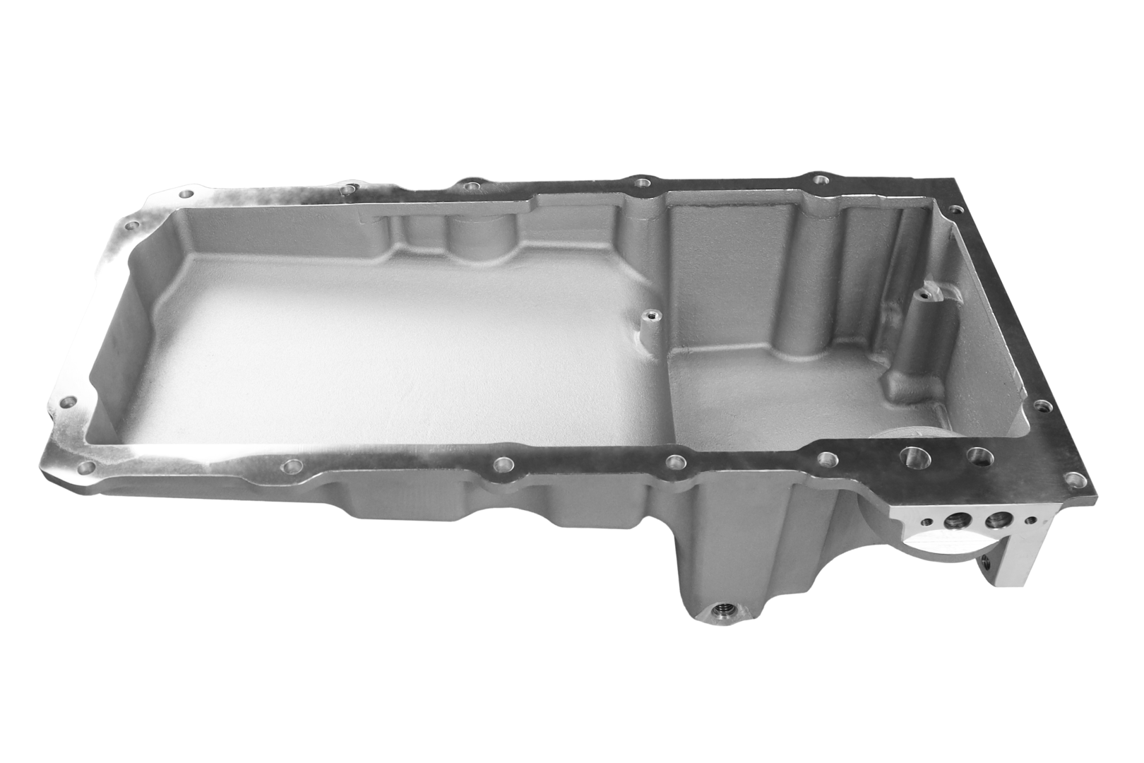 Silver engine oil pan on white background.
