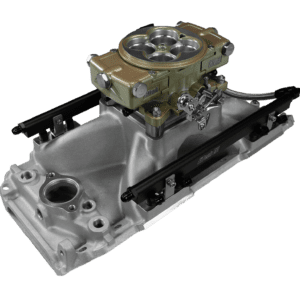 Carburetor and intake manifold on black background.