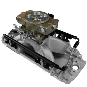 Engine carburetor on black background.