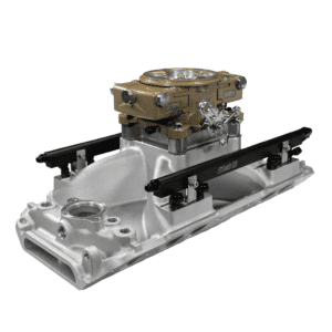 Carburetor and intake manifold on white background.