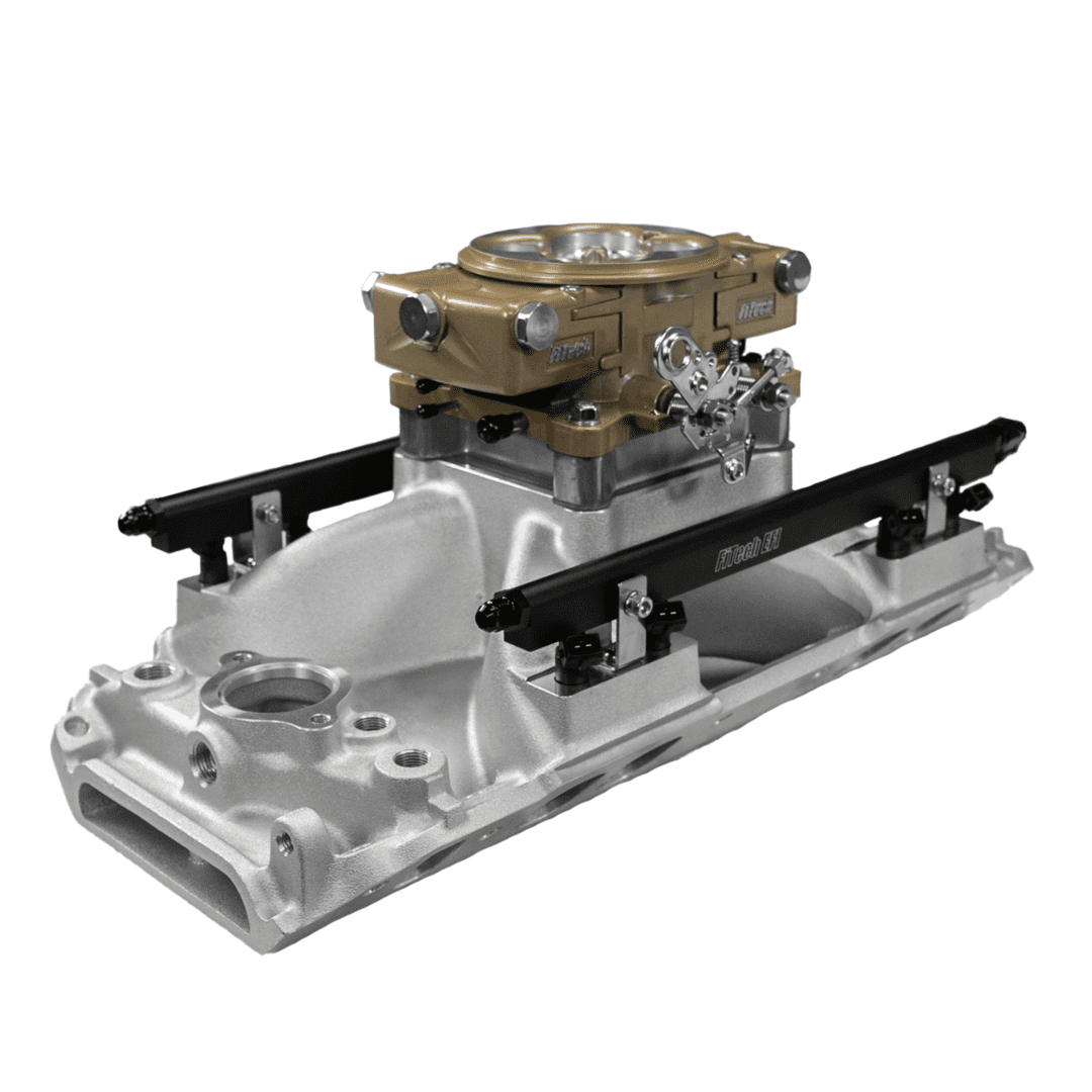 Carburetor and intake manifold on white background.