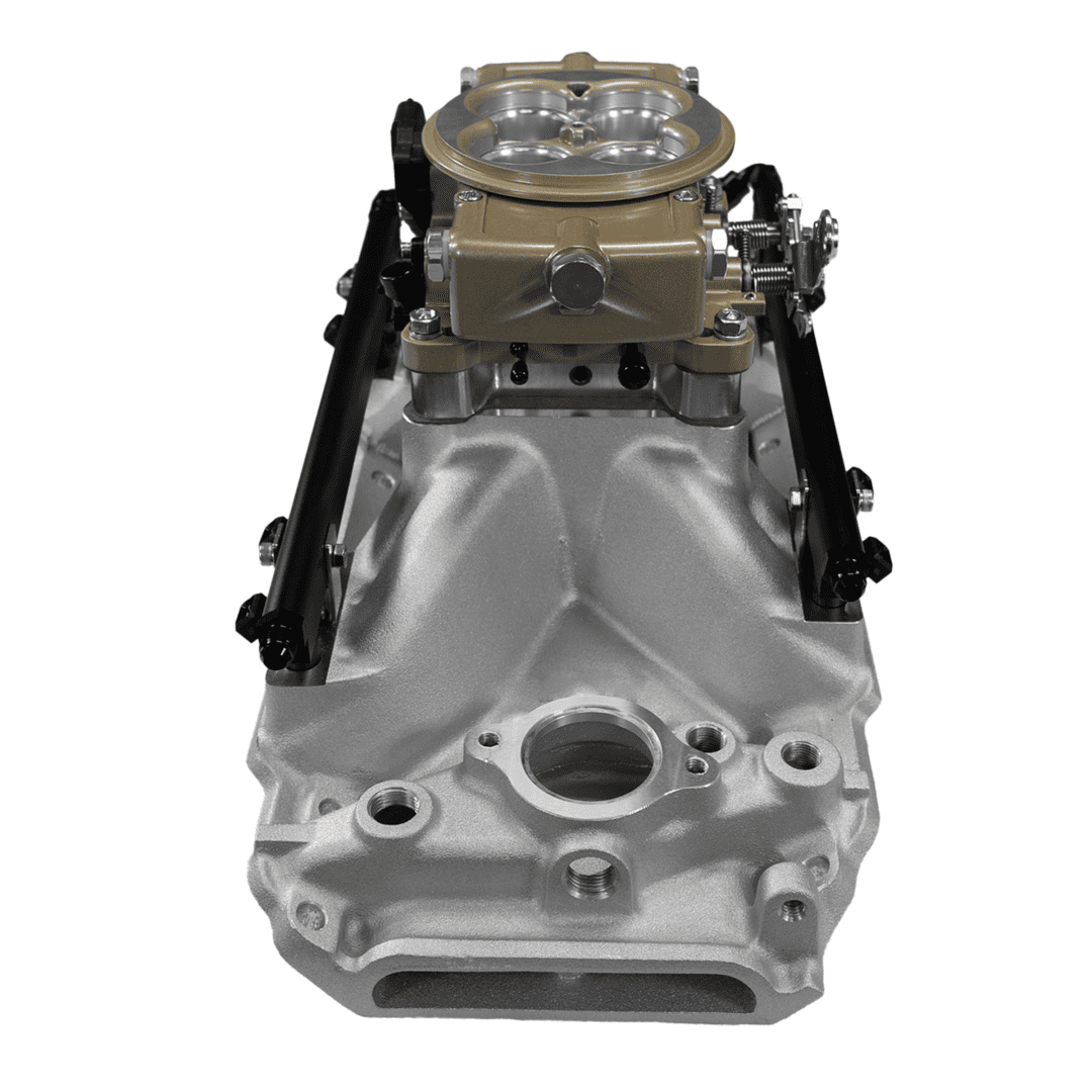 Carburetor and intake manifold assembly, front view.