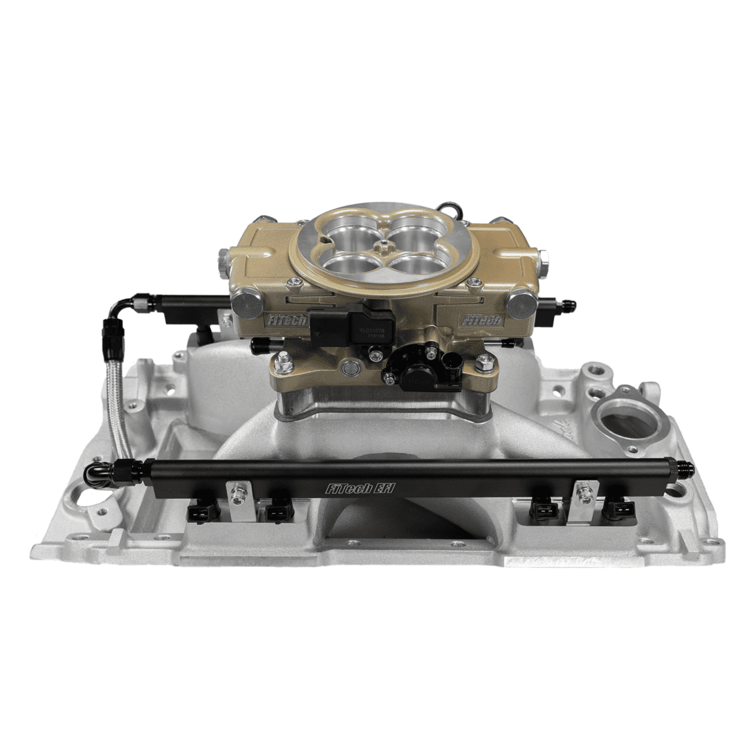 Carburetor and intake manifold assembly, front view.