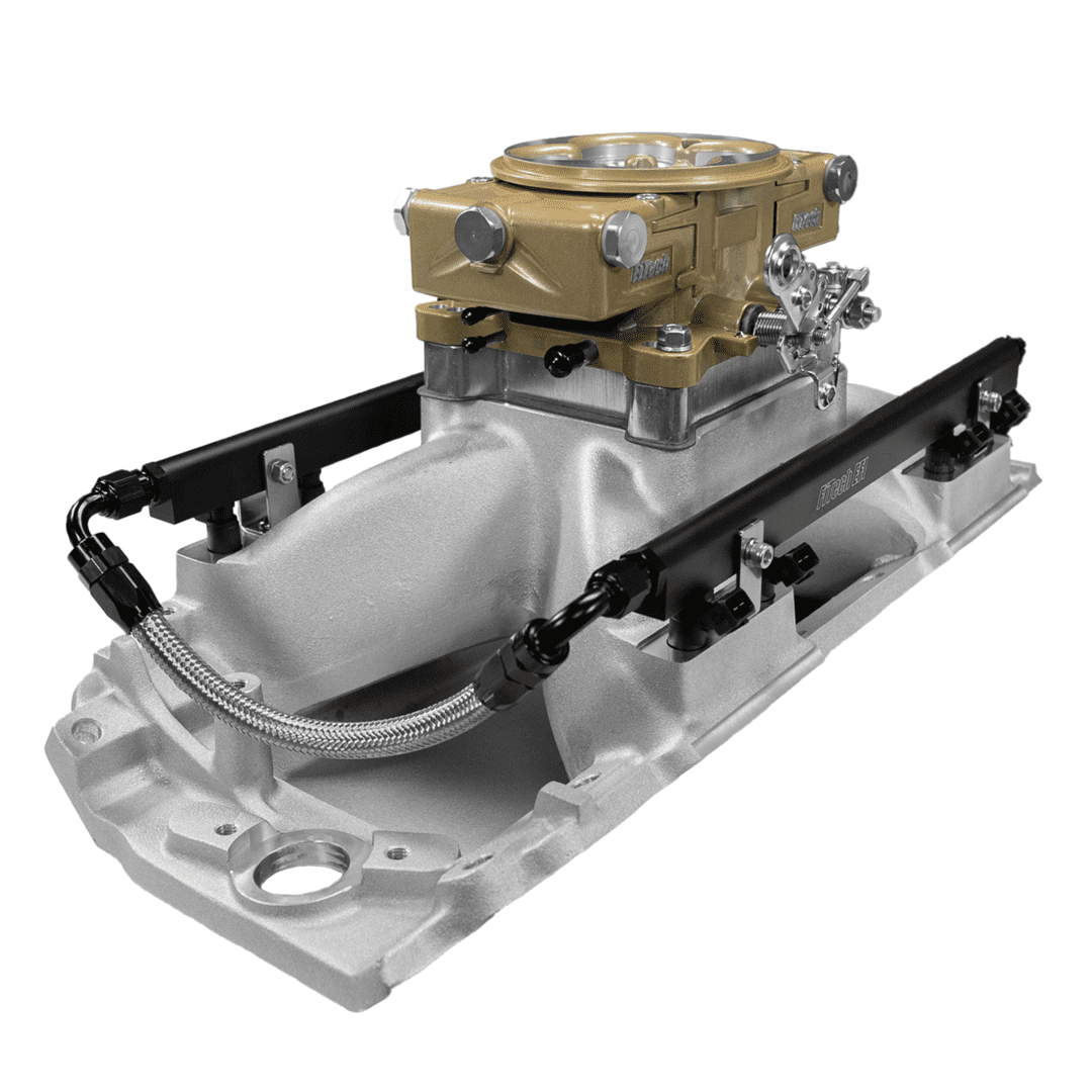 Performance engine intake manifold with carburetor.