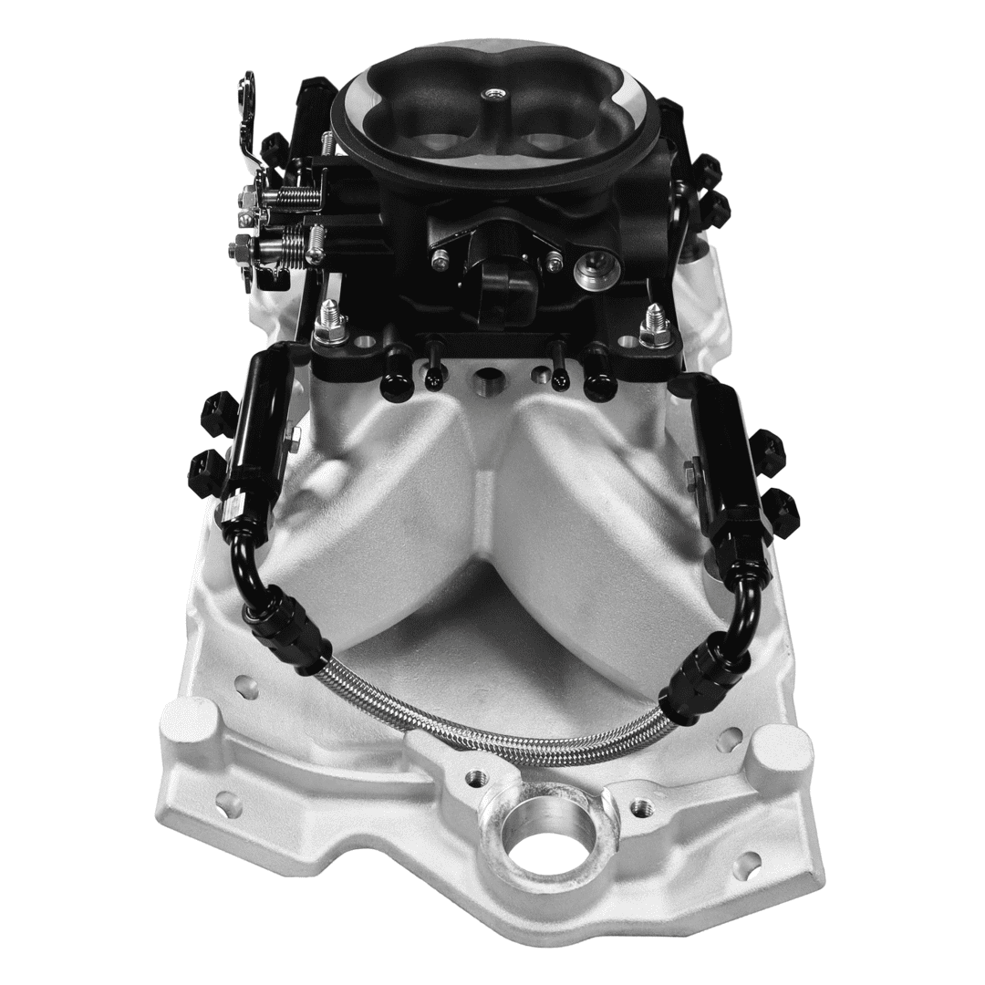 Car engine intake manifold in black and white.