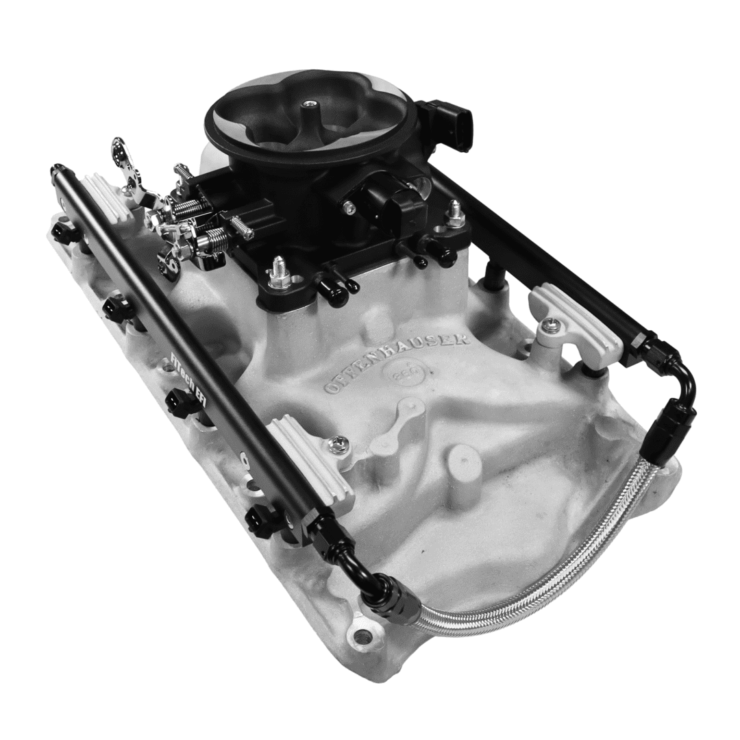 Car engine intake manifold, black and white.