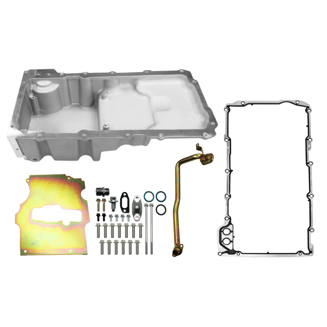 A complete engine gasket and oil pan kit with various components.