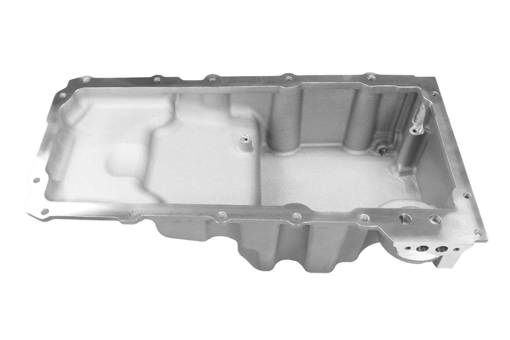 Silver metal automotive engine oil pan.
