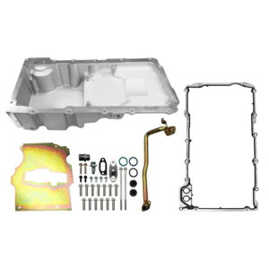 Complete engine oil pan gasket set with parts and tools.
