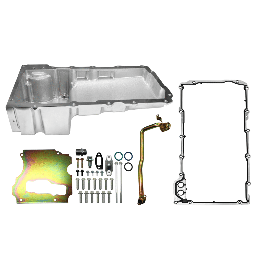 A set of automotive engine parts including a gasket, oil pan, and bolts.