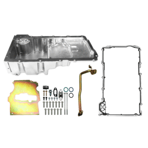 Complete engine oil pan gasket kit with parts and tools.