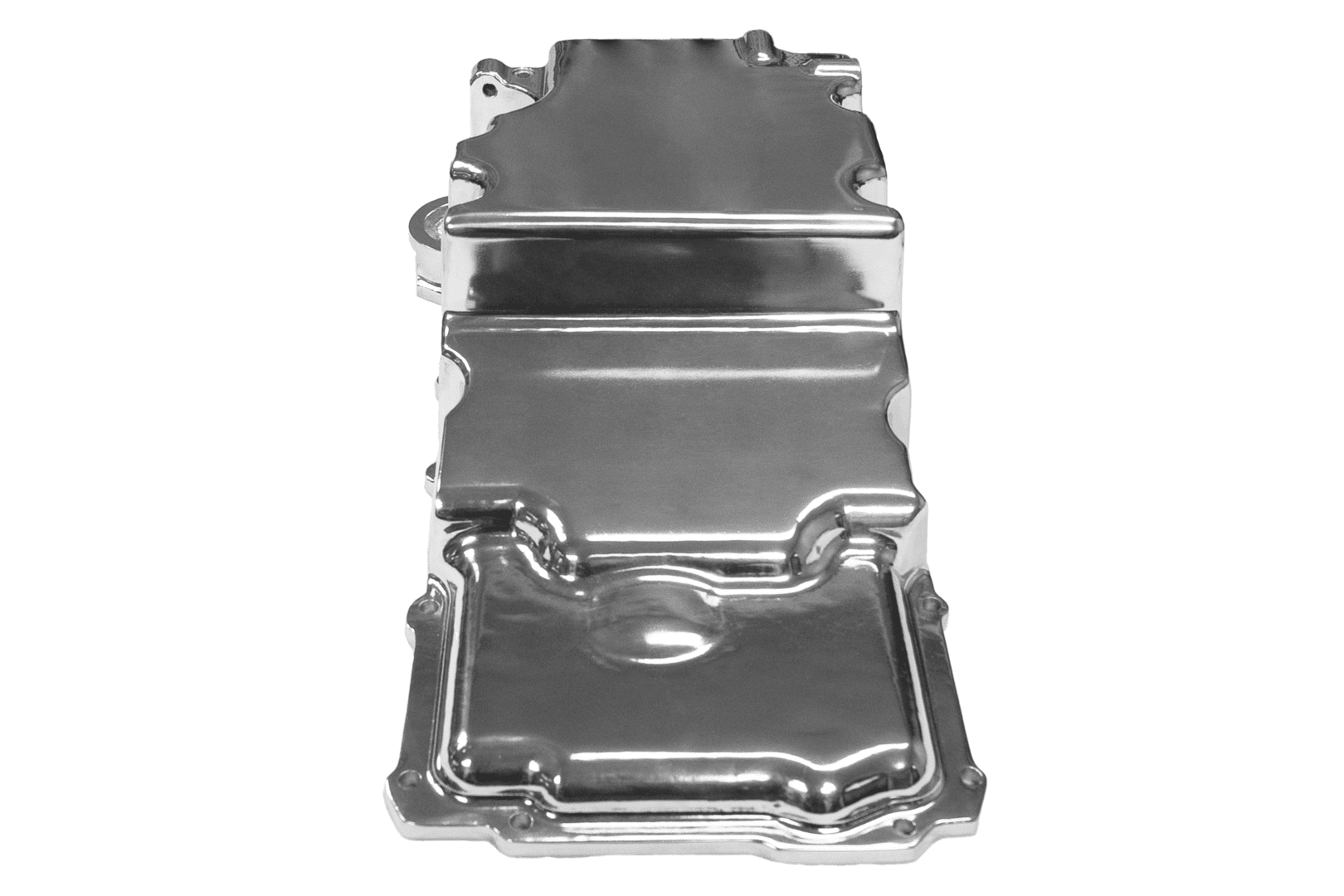 Silver car oil pan on white background.