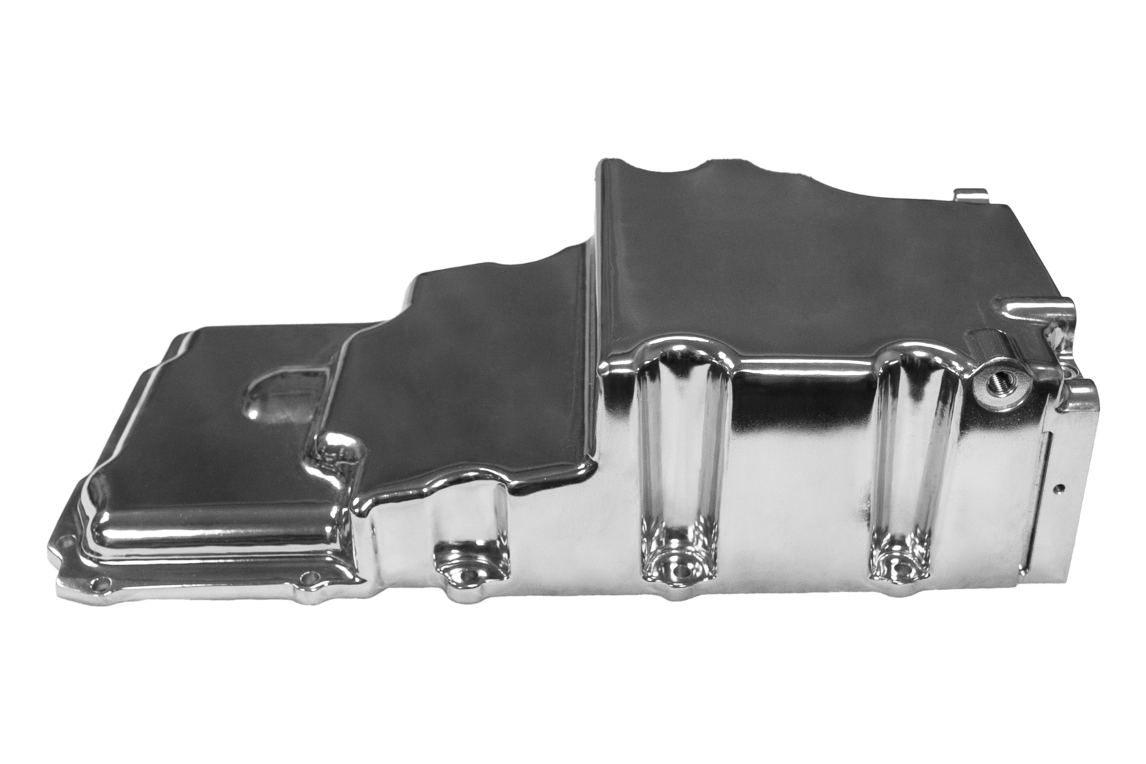 Chrome engine oil pan, side view.