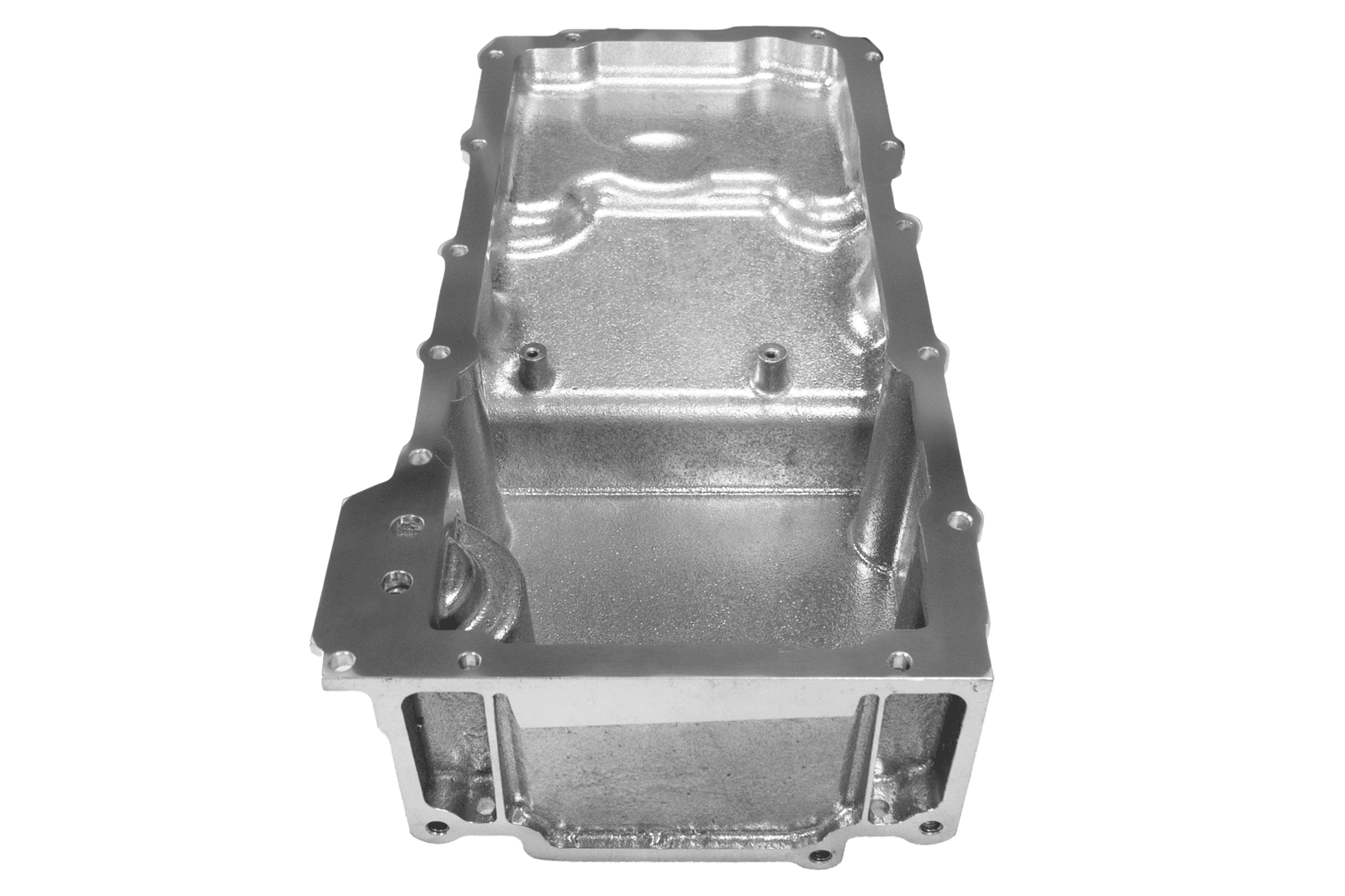 Silver metal engine oil pan on white.