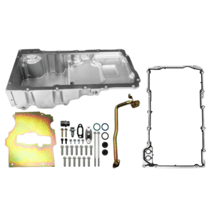 Automotive oil pan kit with gasket and installation hardware.