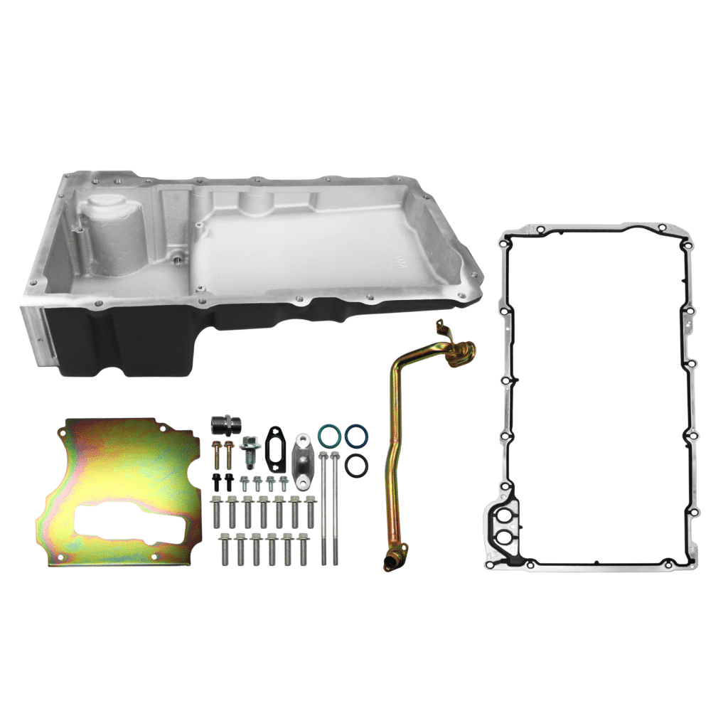 A set of engine oil pan components with gaskets and bolts.