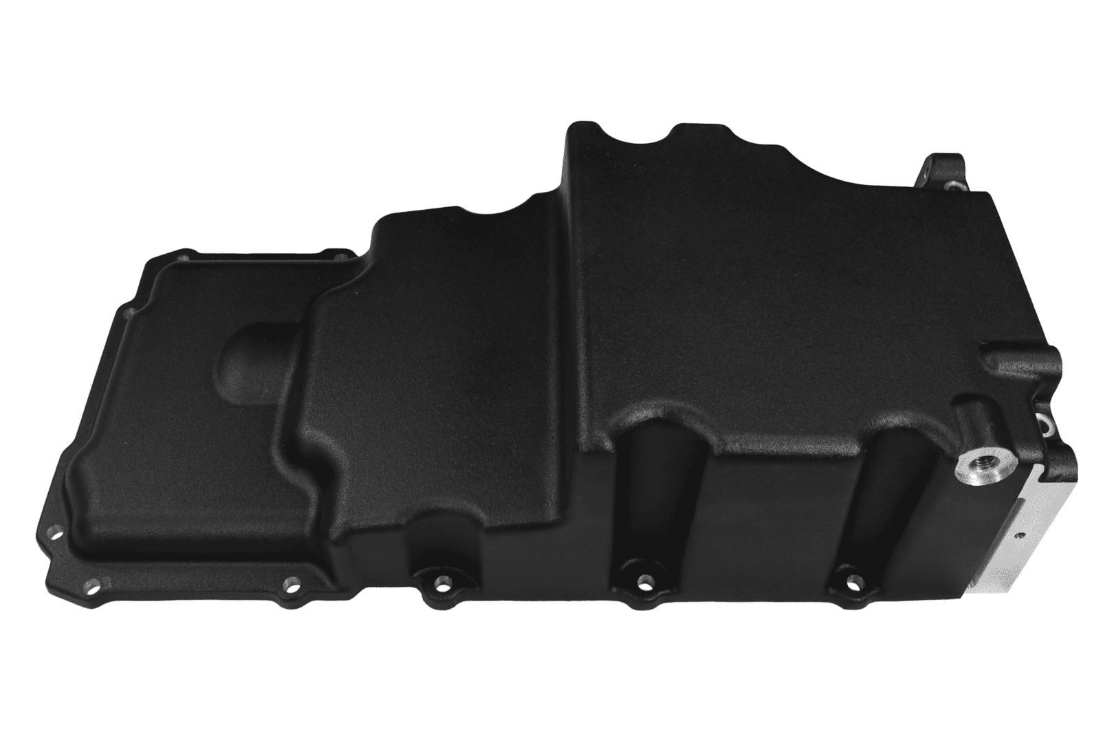 Black automotive engine oil pan on white.