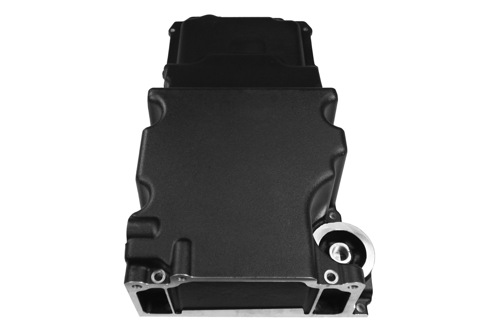 Black engine oil pan on white background.