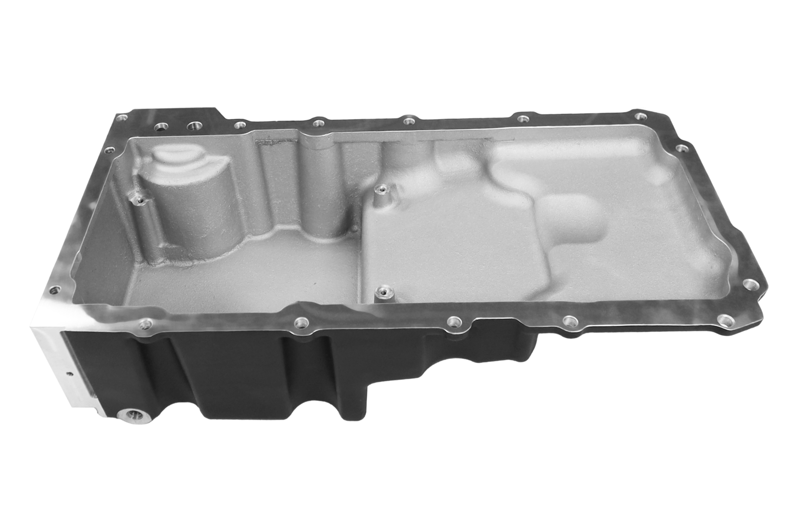 Engine oil pan, metal, isolated on white.