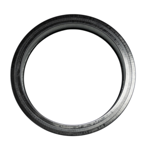 Black circular tire with textured inner edge.