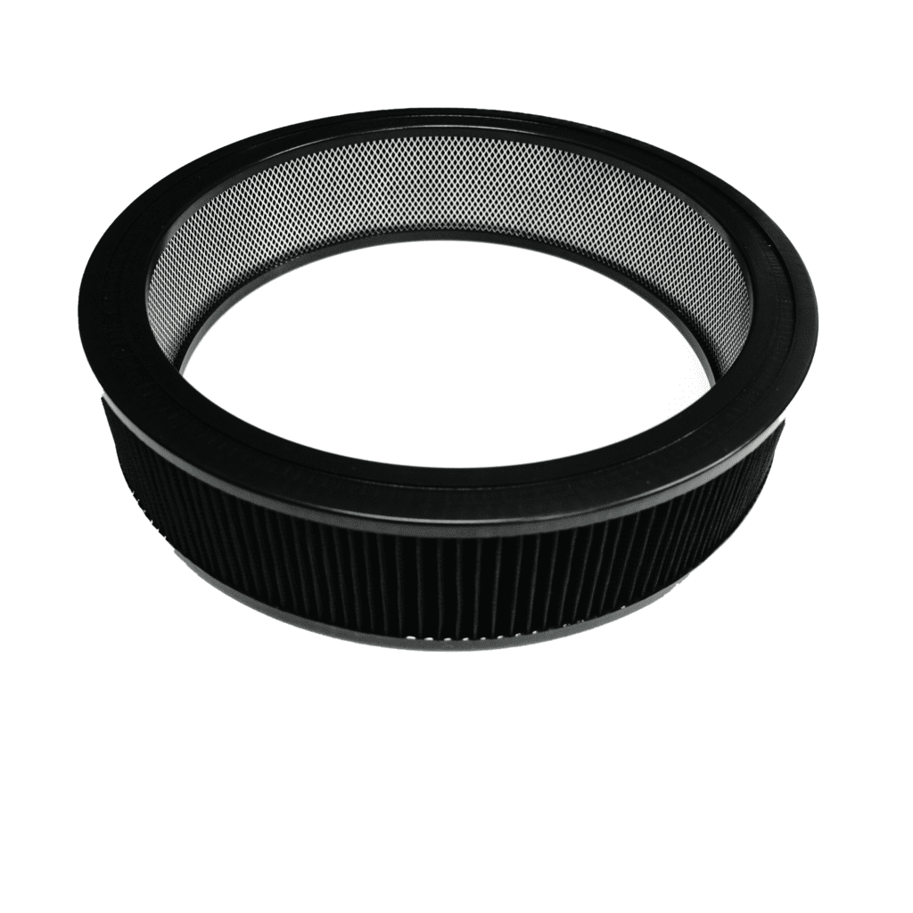 Round black mesh air filter on white.