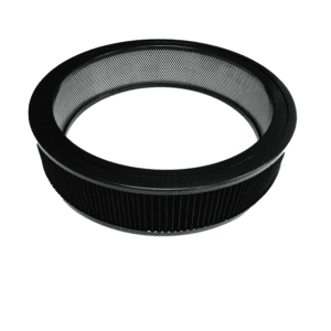 Round black mesh air filter on white.