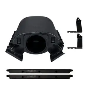 Black car engine intake manifold with brackets.