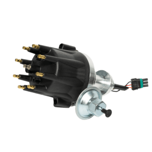 Distributor cap and rotor on black background.