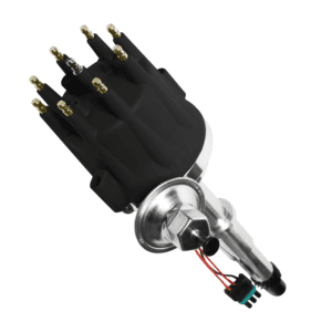 Car distributor with ignition wires and connectors.